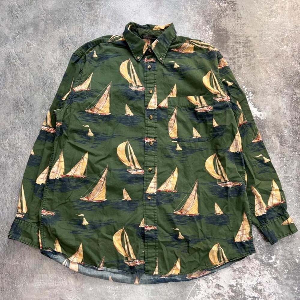 Vintage 90s Nautica Nautical Green Button Up Shirt. Sailboats Size Large